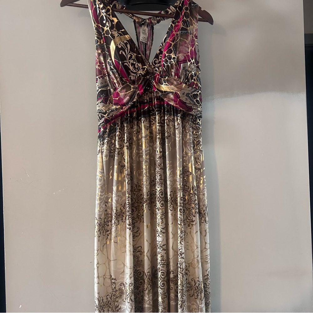 Vintage Y2K Halter Deep V Maxi Dress Pink Gold Glam Boho Resort Size XL